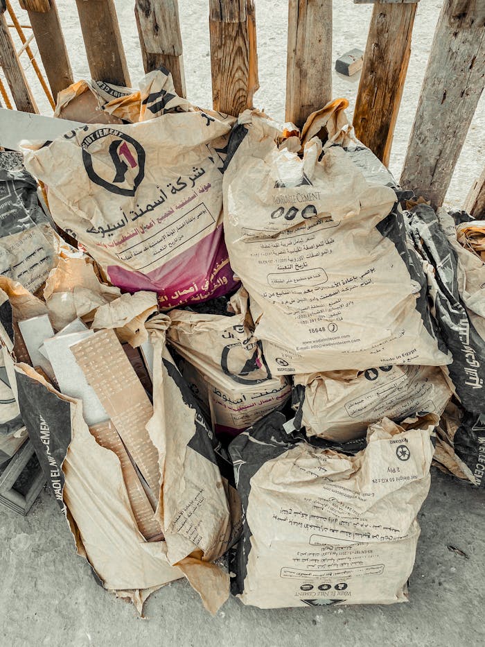 A pile of cement bags placed near a wooden fence, hinting at construction or renovation work.