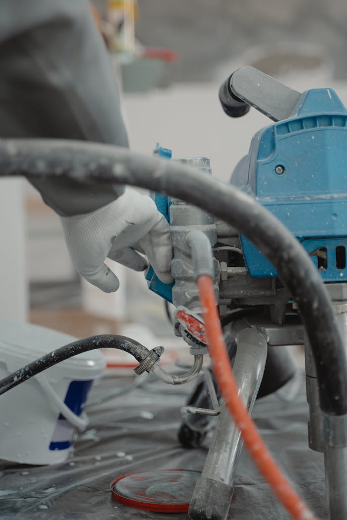 Man wearing gloves operating a paint machine during renovation, featuring hoses and equipment.